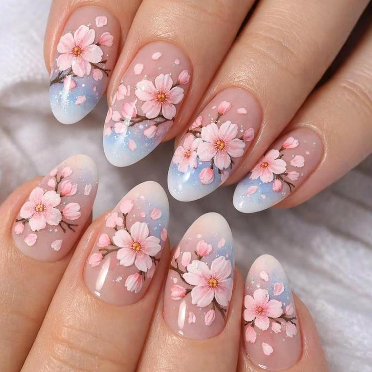 Press On Nails - Glossy Marble Medium Almond with 3D Flower & Gold Star Charms | 30 Pcs, Reusable for Ocean Beach Manicure