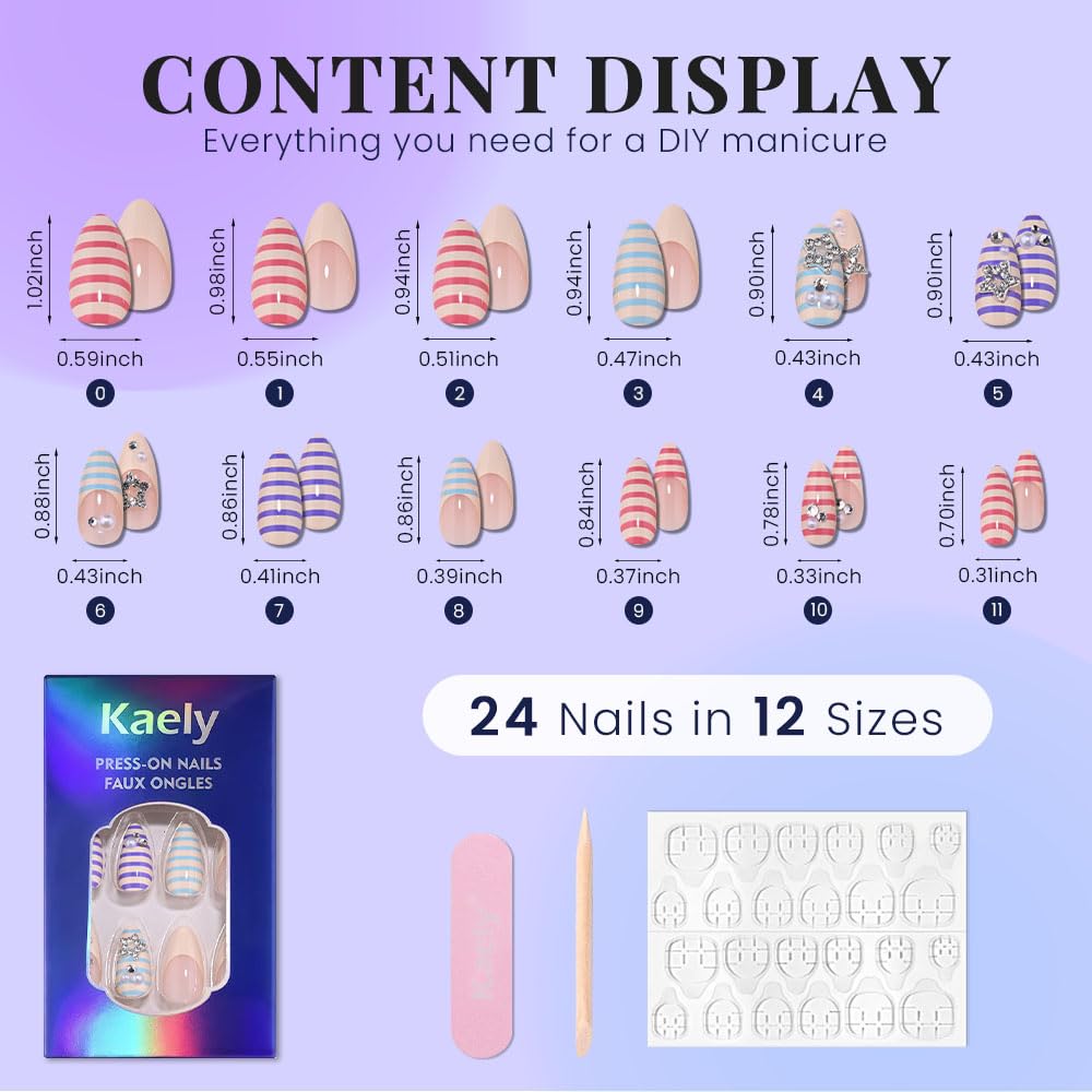 3D French Stripe Press-On Nails - Short Almond Sea Stars Design | Reusable Full Cover Fake Nails for Women