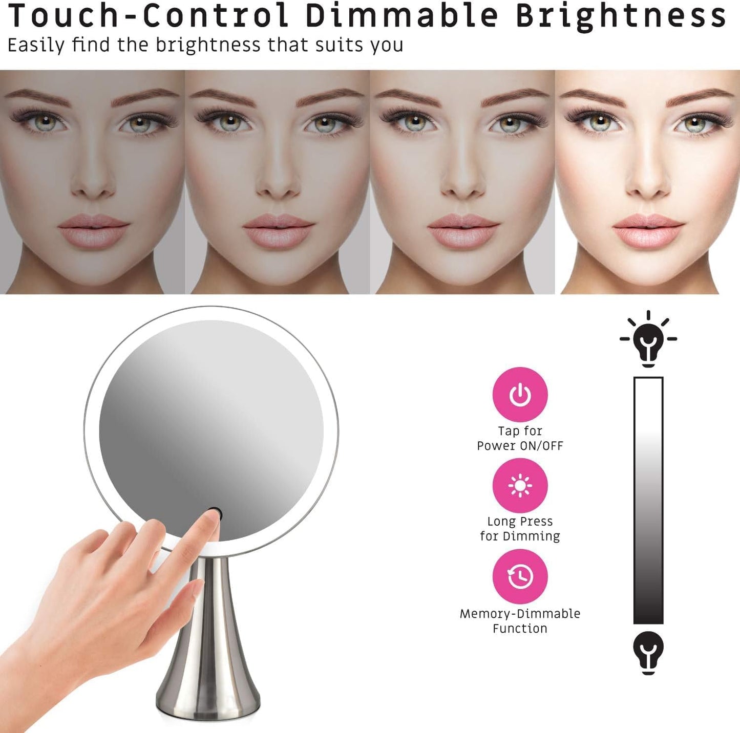 Lighted Round Makeup Vanity Mirror - 5X/10X Dual Magnification, Rechargeable & Touch Control | Ultra Bright LED, Brushed Stainless Steel
