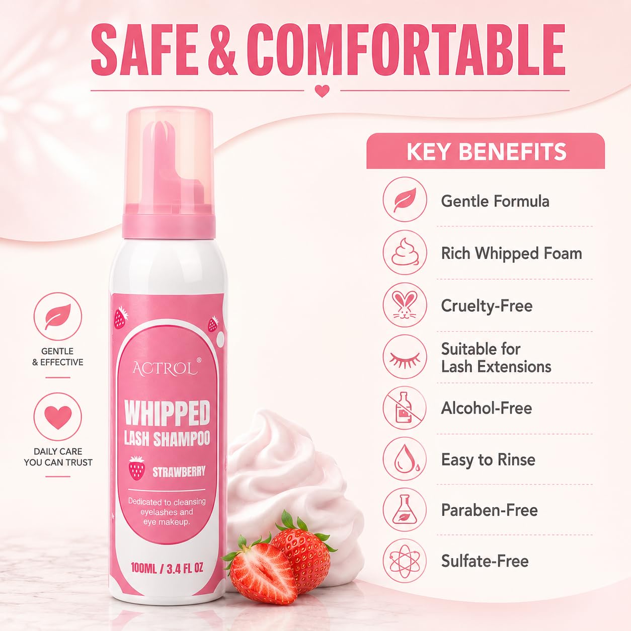 ACTROL Whipped Lash Shampoo for Lash Extensions, 100ml Strawberry Scented Eyelash Cleanser Foaming Wash with Brush Eyelid Eye Makeup Remover for Salon and Home Use