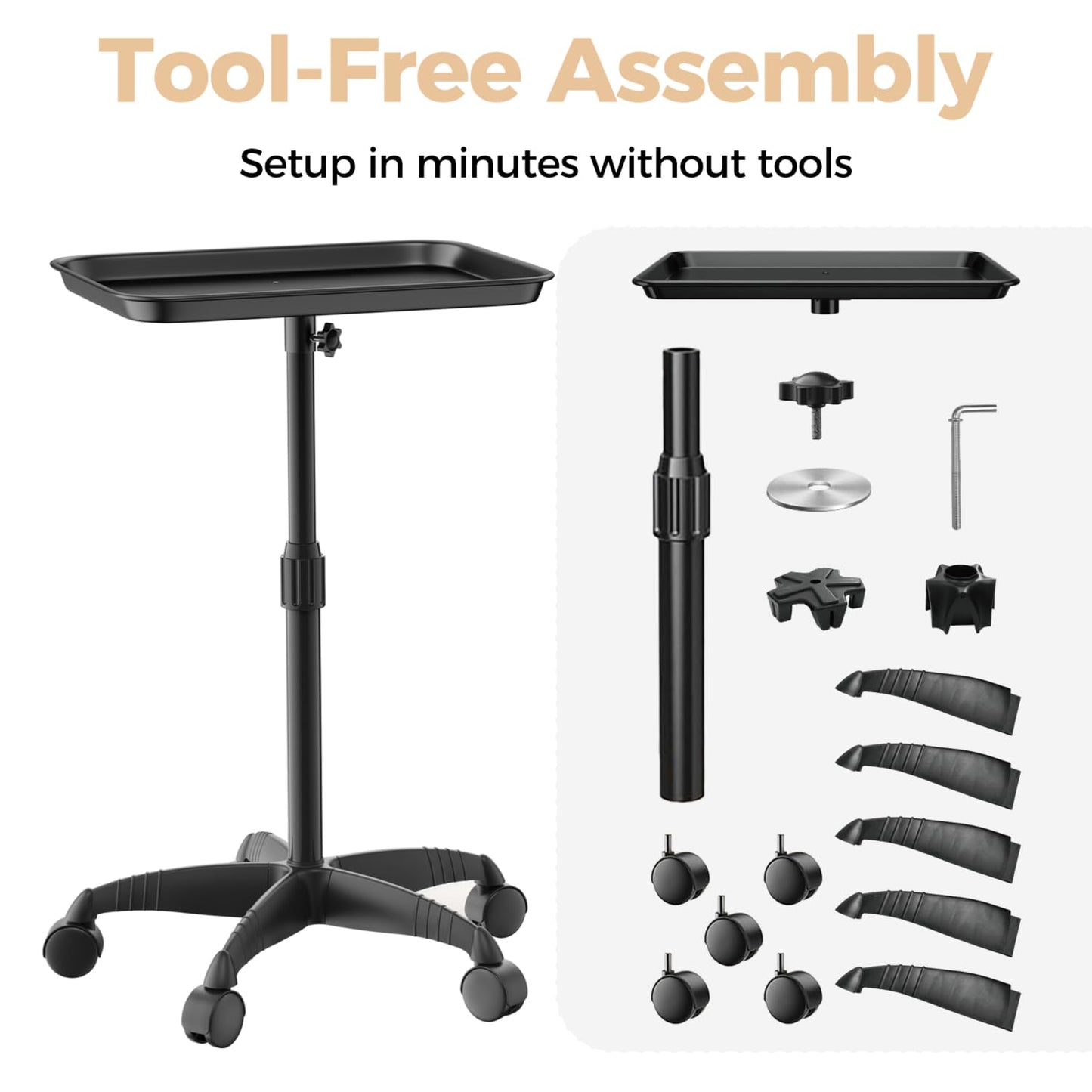 VERYTOP Rolling Salon Tray on Wheels - Adjustable Height 25"-37" Tattoo Tray, Premium Aluminum Easy Assembly Salon Trolley Cart for Clinic Spa Tattoo Studio Elderly Care Home Use(37inch)