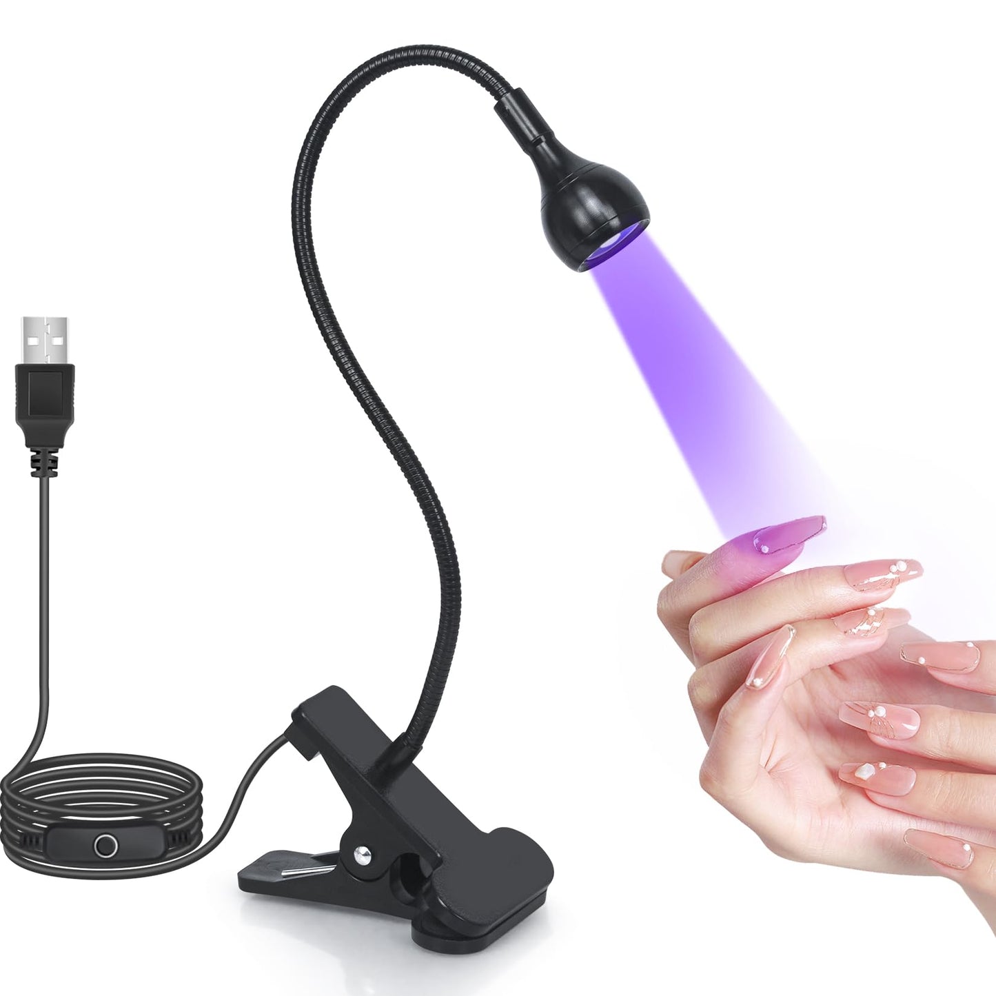 Geisofu UV Nail Lamp - UV Light for Gel Nails, Flash Cure Lamp, LED Gooseneck Flash Cure Lamp for Nails, Manicure Dryer Black Light with Clamp, 365+395nm Wavelength 5V 3W 4 Levels Dimming Black
