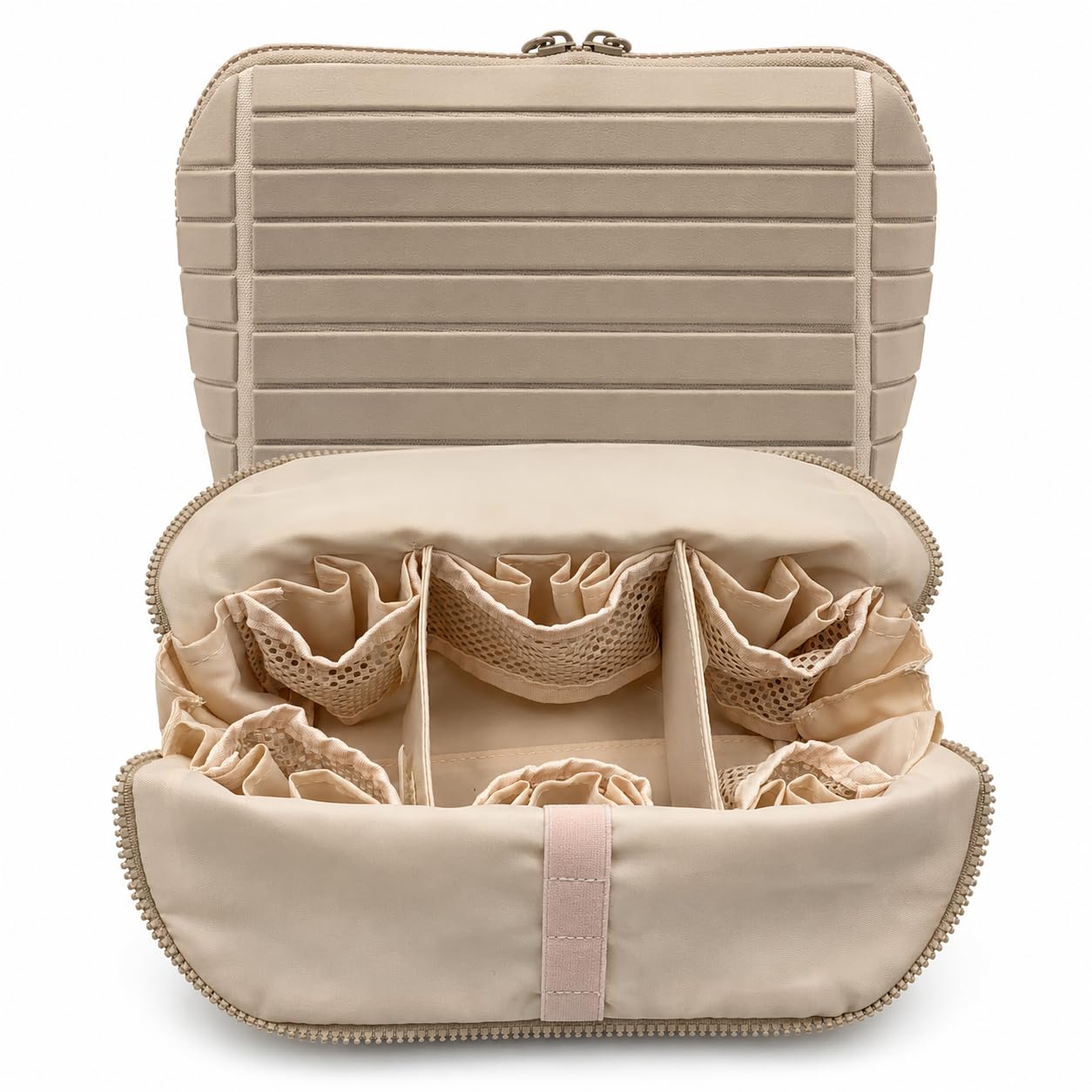 Travel Makeup Bag for Women, Fold Down Stand-Up Striped Makeup Organizer with Adjustable Dividers, 27 Pockets, 3 Brush Holders, Waterproof PVC Cosmetic Toiletry Bag for Travel, Beige