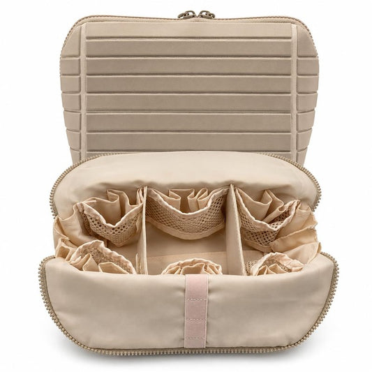 Travel Makeup Bag for Women, Fold Down Stand-Up Striped Makeup Organizer with Adjustable Dividers, 27 Pockets, 3 Brush Holders, Waterproof PVC Cosmetic Toiletry Bag for Travel, Beige