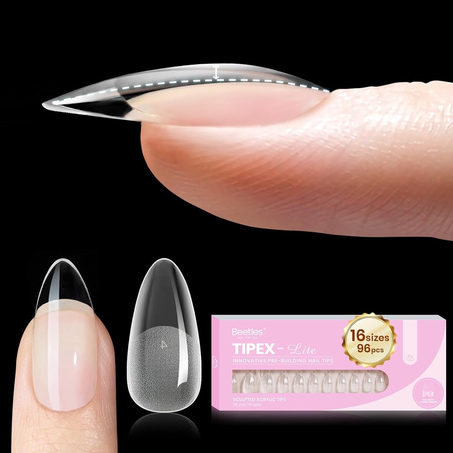 Beetles Nail Tips - Medium Stiletto Apex for DIY Extensions | 16 Sizes 00-14, No Builder Gel Needed