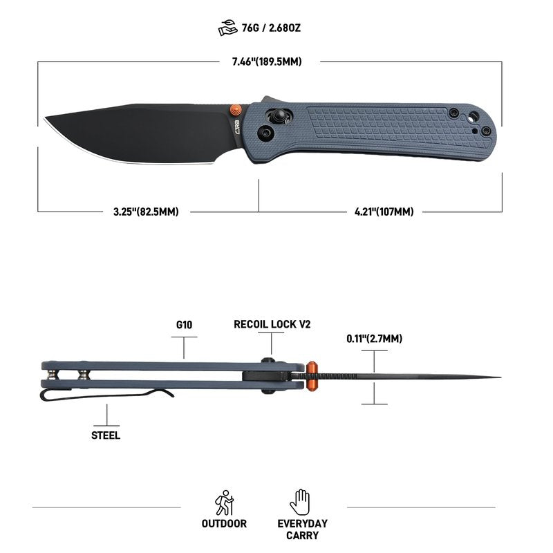 CJRB Bolt Folding Pocket Knife, 3.25'' AR-RPM9 Steel Blade G10 Handle EDC Knife with Recoil Lock Pocket Clip for Men Women Camping Survival Hiking, Blue (J1960)
