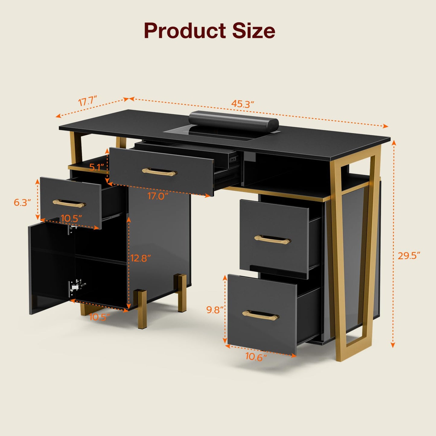 Belandi Manicure Table with Visualized Drawer, High Glossy Nail Desk w/Metal Frame&Wrist Cushion, Beauty Salon Workstation for Nail Tech, Black