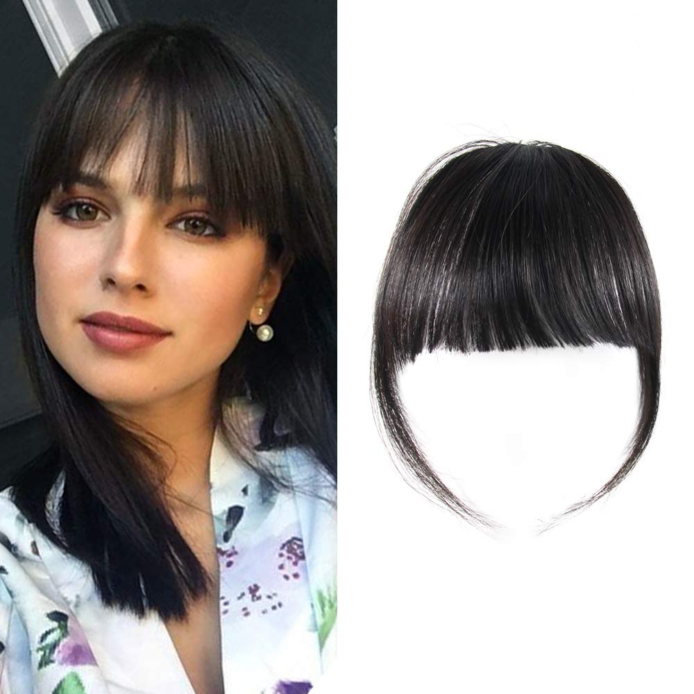 Clip-In Bangs - Natural Real Human Hair Wispy Fringe Extensions | Black Brown Flat Bangs