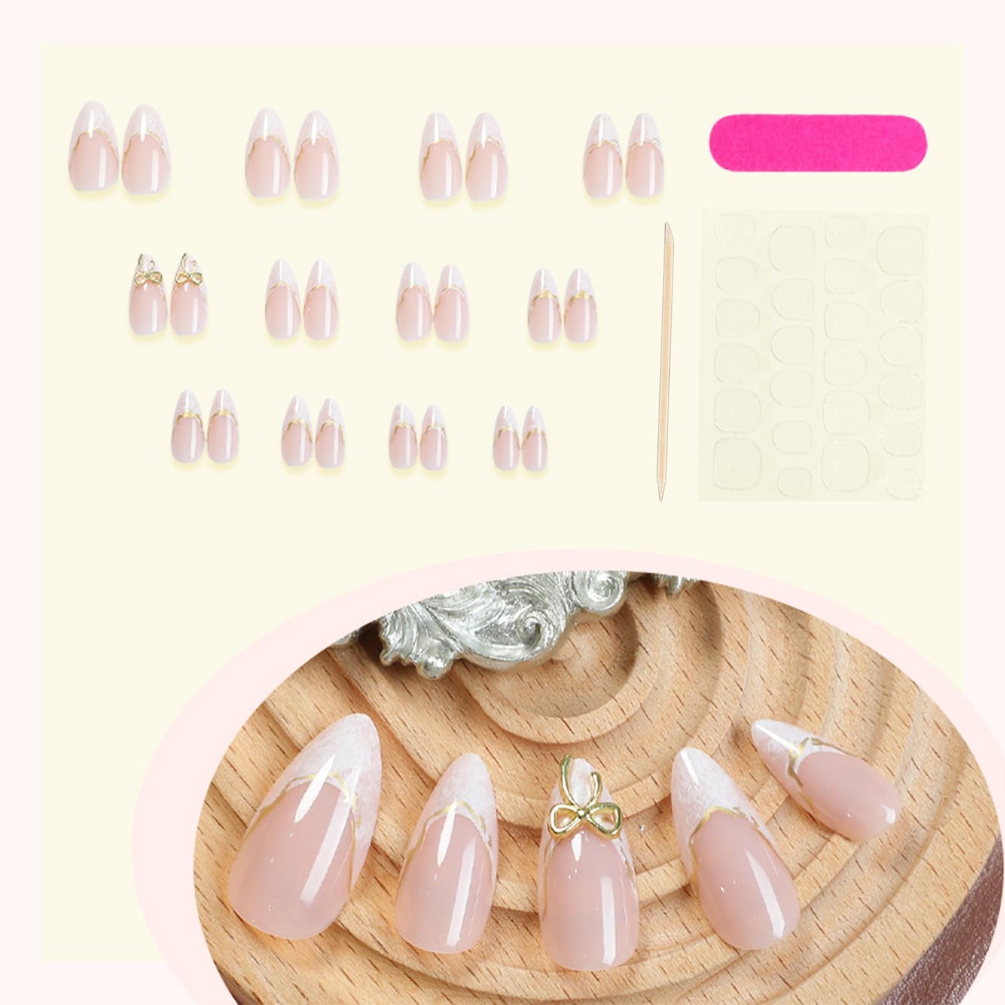 French Tip Press-On Nails - 24pcs Medium Almond Acrylic Design with 3D Bow & Gold Line | Full Cover Nail Kit for Women