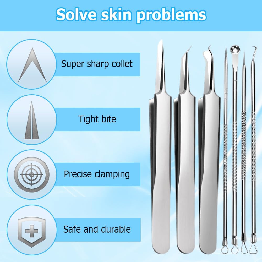 Jurfest 7 Piece Set Blackhead Extraction,Stainless Steel Blackhead Remover, Professional Facial Blackhead Remover Tweezers