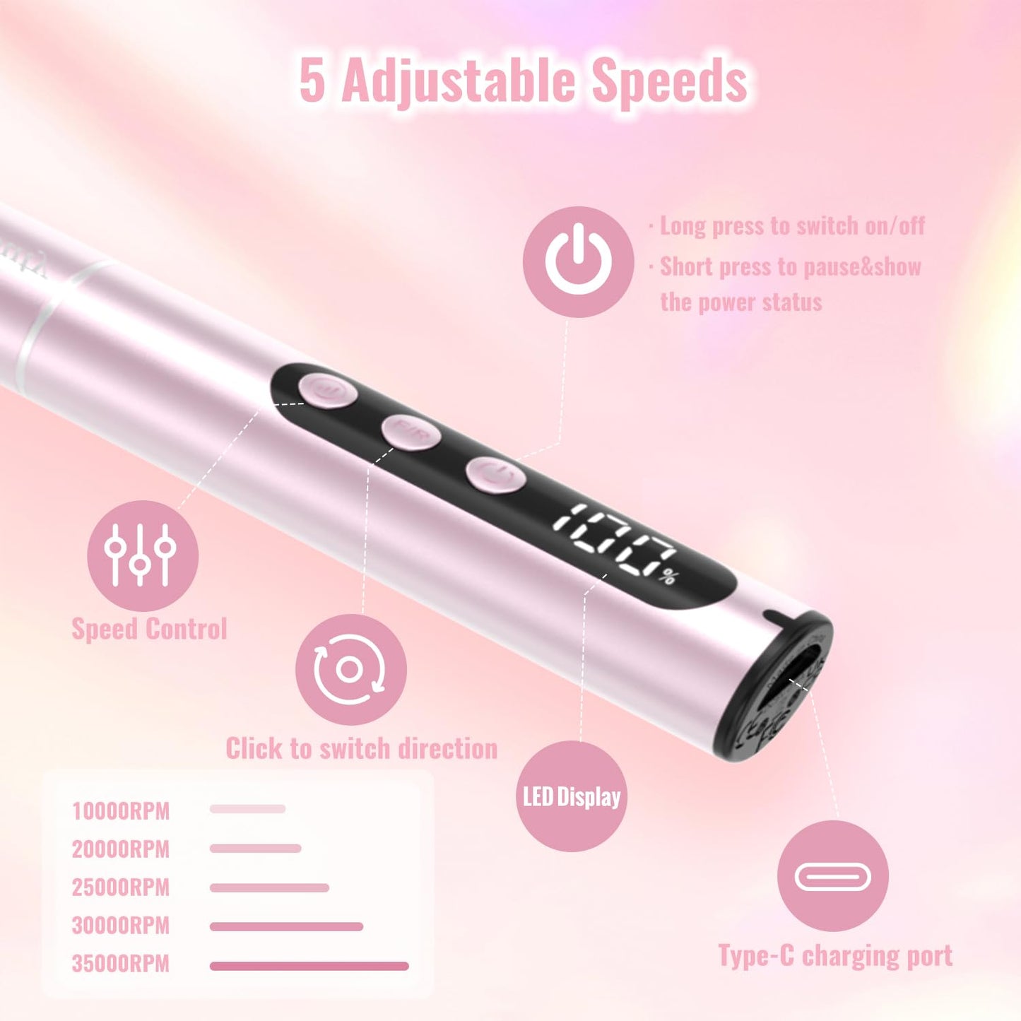 Electric Nail Drill - Cordless 35000RPM Portable Nail File with LCD Display | 12 Bits for Acrylic & Gel Nails, Pink Manicure Kit