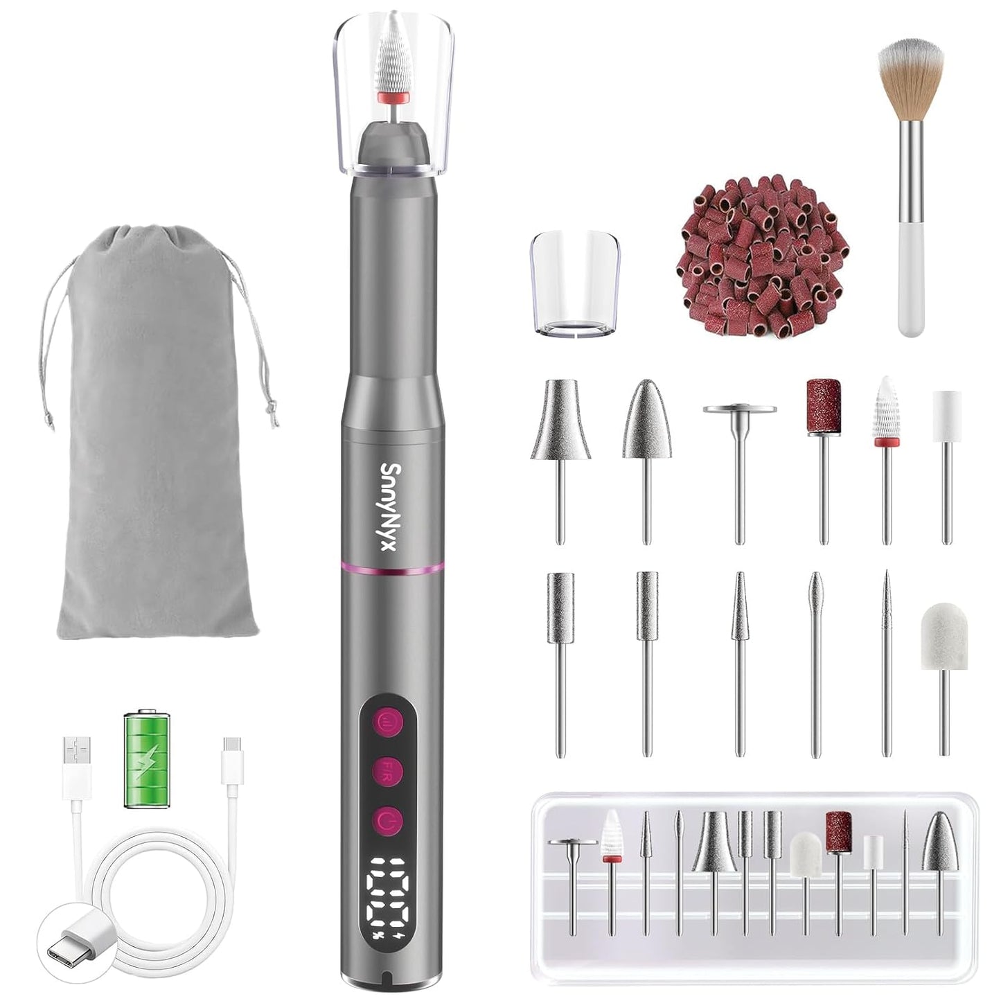 Cordless Electric Nail Drill - 35000 RPM Professional Nail File Kit with LCD Display | 12 Bits & 36 Sanding Bands for Acrylic Gel Nails & Pet Claws (Matte Gray)