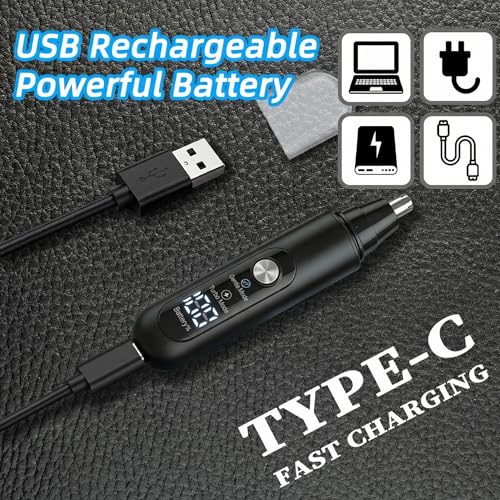Ear & Nose Hair Trimmer, Professional Painless Eyebrow and Facial Hair Trimmer for Men and Women, C-Type Rechargeable, Waterproof Double Edged Blade (Carbon Black)