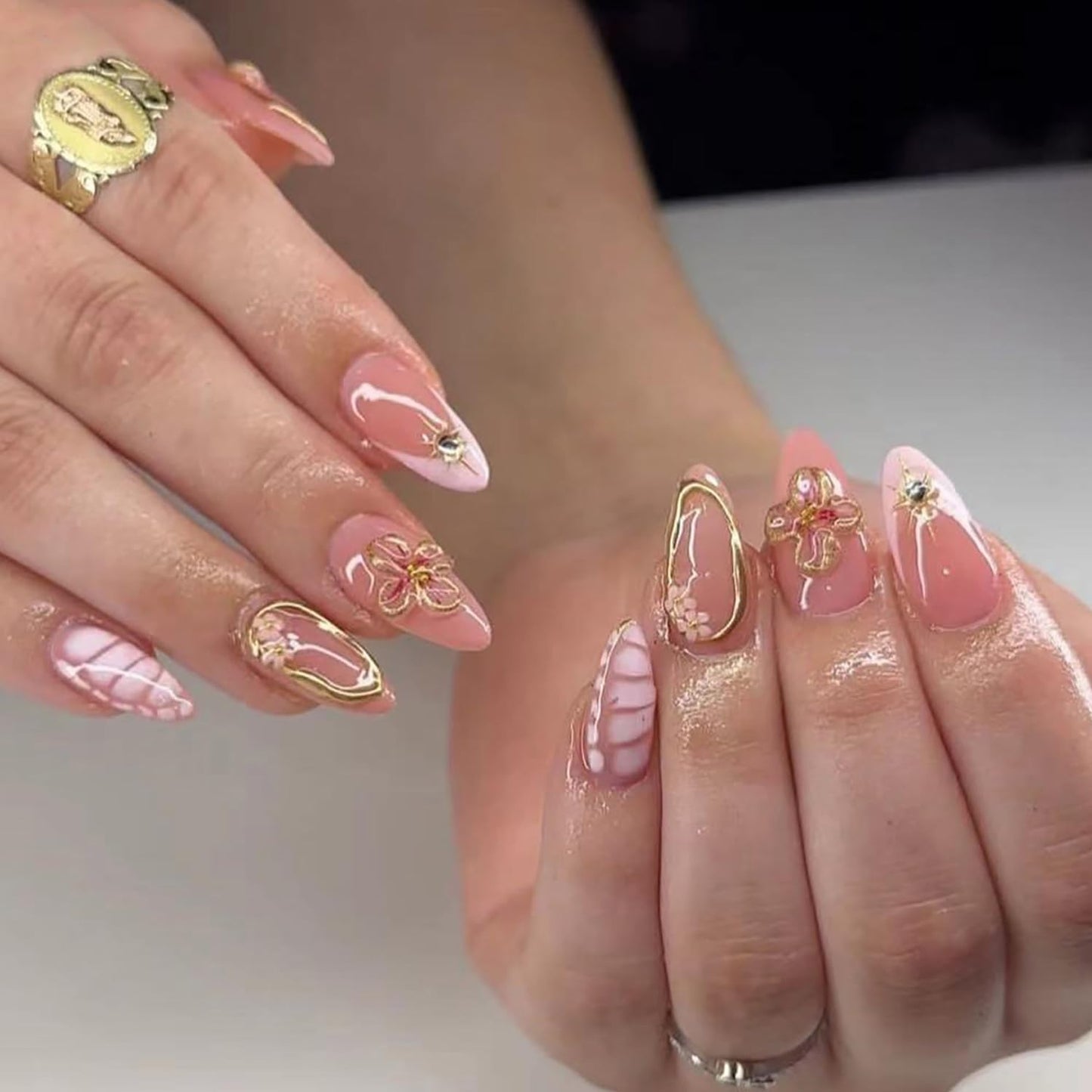 Spring Almond Press-On Nails - 24Pcs Short French Tip with 3D Flower Charms & Rhinestones | Flesh Pink Floral Stiletto Acrylic Nails