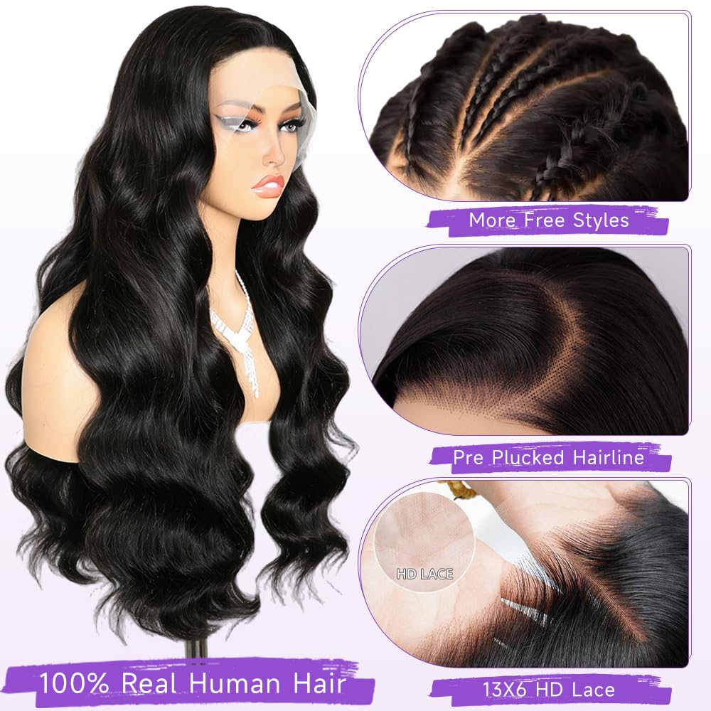 Leseater Lace Front Wigs Human Hair Pre Plucked Real Full Virgin Human Hair Wig HD Transparent Lace 200 Density Body Wave No Mixed With Synthetic Natural Black for Women Long 34 Inch