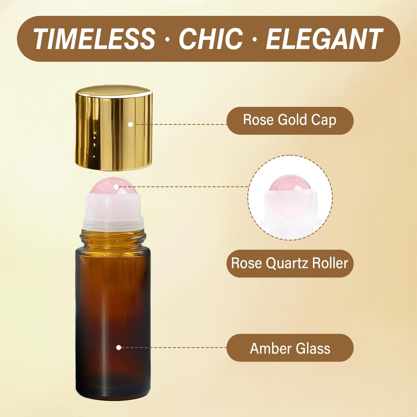 SilkGleam 5 Pack Amber Glass Essential Oil Roller Bottles, 50ml Rose Quartz Roll On Bottles with Natural Crystal Roller Balls, Leak-Proof Refillable Perfume Containers with Gold Caps for DIY & Travel