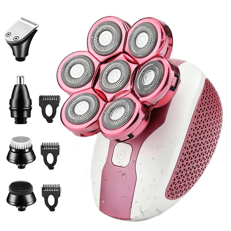 Electric Shaver for Women Legs, IPX7 Waterproof Rechargeable Body Razors with 7-Blade, Facial Hair Remover, Nose Trimmer & Cleansing Brush, Wet/Dry Lady Bikini Trimmer Grooming Kit Gift for Her