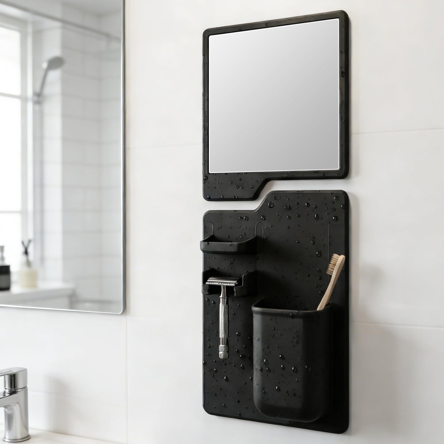 Kottova Shower Mirror Set - Silicone Shower Organizer&Shatterproof Shower Mirror for Shaving - Powerful Silicone Adhesion, Removable and Reusable, Black