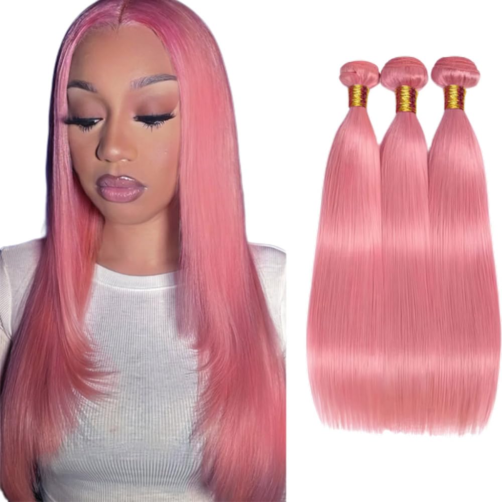 Pink Bundles Human Hair Straight Bundles 30 32 34 Inch Unprocessed Brazilian Virgin Hair 3 Bundle 50 Gram Per Bundle Deals Quick Weave Hair Extensions For Woman