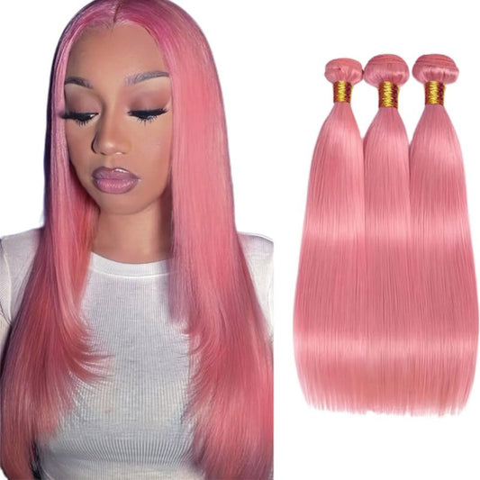 Pink Bundles Human Hair Straight Bundles 30 32 34 Inch Unprocessed Brazilian Virgin Hair 3 Bundle 50 Gram Per Bundle Deals Quick Weave Hair Extensions For Woman