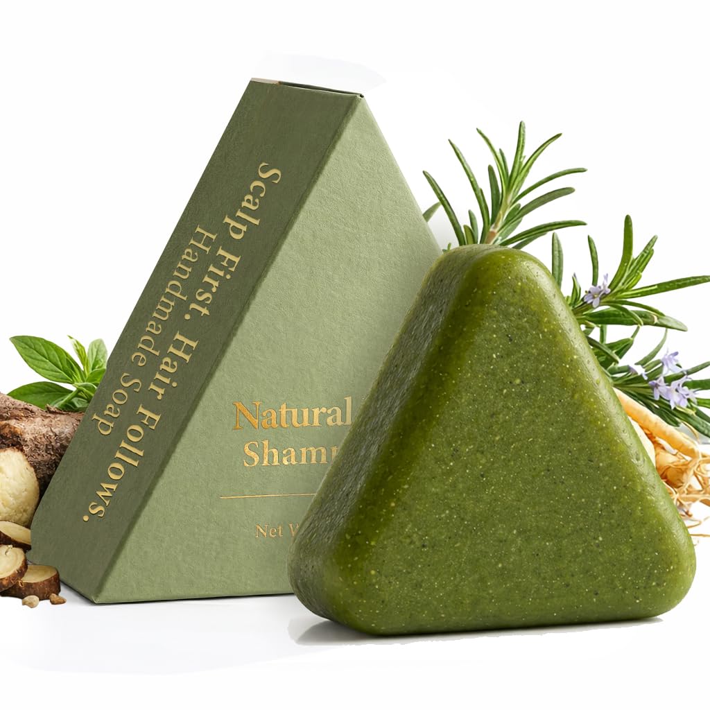 Pwkvsn Scalp Care Shampoo Bar, Rosemary Triangle Regrowth Shampoo Bar for Dry, Oily & Sensitive Scalp, Natural Botanical Anti-Hair Loss Hydrating Green Hair Care Soap (2)