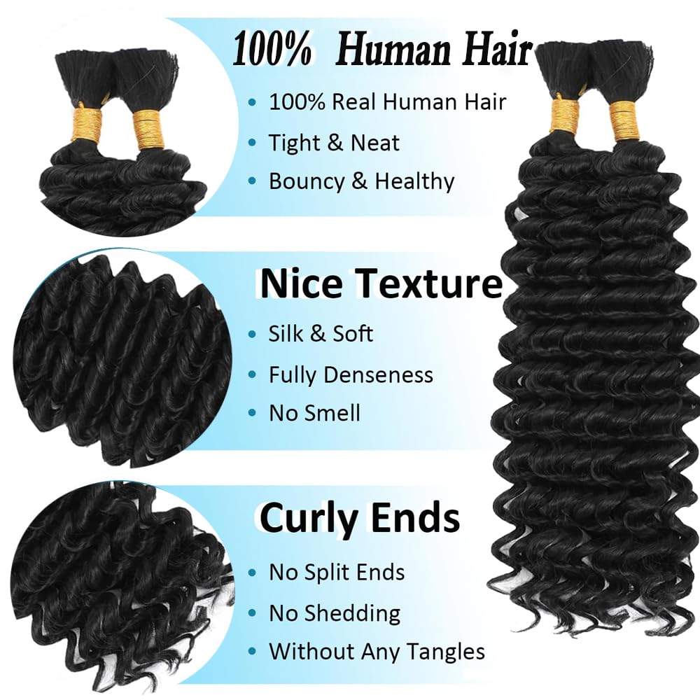 1B Boho Hair For Braiding Black Human Braiding Hair Pre Stretched Color 1B Deep Curly Wave Braids Natural Black Bulk Bohemian Braids HuxoWax 100g 24 24 Inch