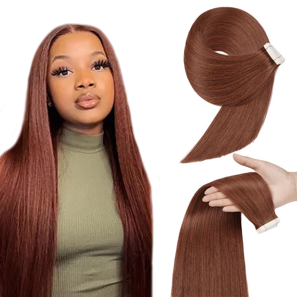 HuxoWax 26 Inch #33 Reddish Brown Tape In Human Hair Extensions Double Weft Straight Weave 10 Packs Total 40g Invisible Human Hair Tape In Extensions #33 Copper Red Color