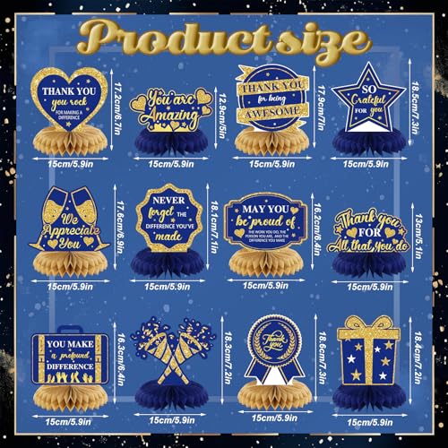 12 Pcs Thank You Honeycomb Centerpieces - Blue & Gold Table Decorations