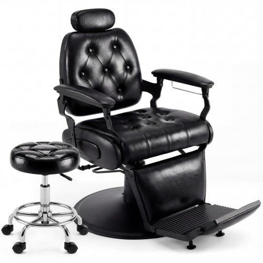 Oakvera Barber Chair with Stool, Heavy Duty Vintage Recline Hydraulic Barber Chair with Towel Bar, 360° Swivel All Purpose Professional Salon Chair Barber Shop Beauty Salon Shampoo Equipment, Black
