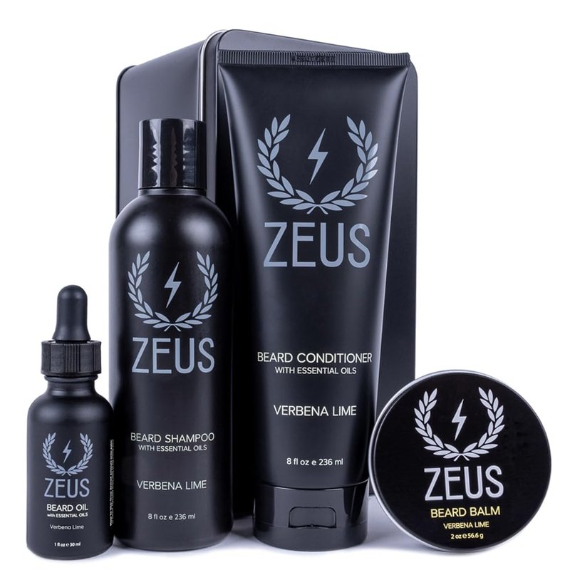 ZEUS Everyday Beard Kit for Men, Facial Hair Shampoo, Conditioner, Oil, Balm & Tin Gift Box, Premium Father's Day Beard Care & Grooming Set (Made in USA) Verbena Lime