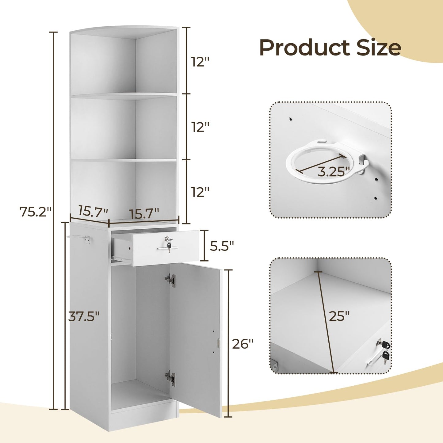 Winado Salon Corner Storage Cabinet, Wall Mount Station with Locking Drawer