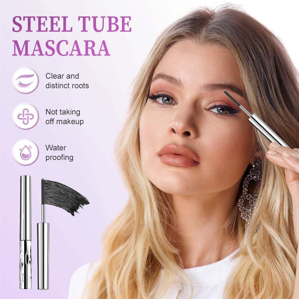 Metal Wand Mascara Waterproof, Steel Tube Eyelash Primer Tubular Mascara, Lash Extensions Tubing Mascara Primer Long Lasting, Eyes Makeup Smudge-Proof Separated Lashes Natural Length (Black + Brown)