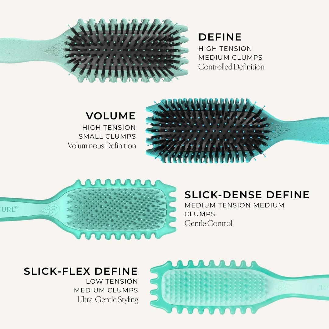 Bounce Curl Slick-Dense Define EdgeLift Brush – Medium-Density Curl Defining & Detangling Brush with Soft-Flex Tips for Color-Treated, Lightly Damaged Hair – Wavy, Curly, Coily, Fine to Coarse - Teal