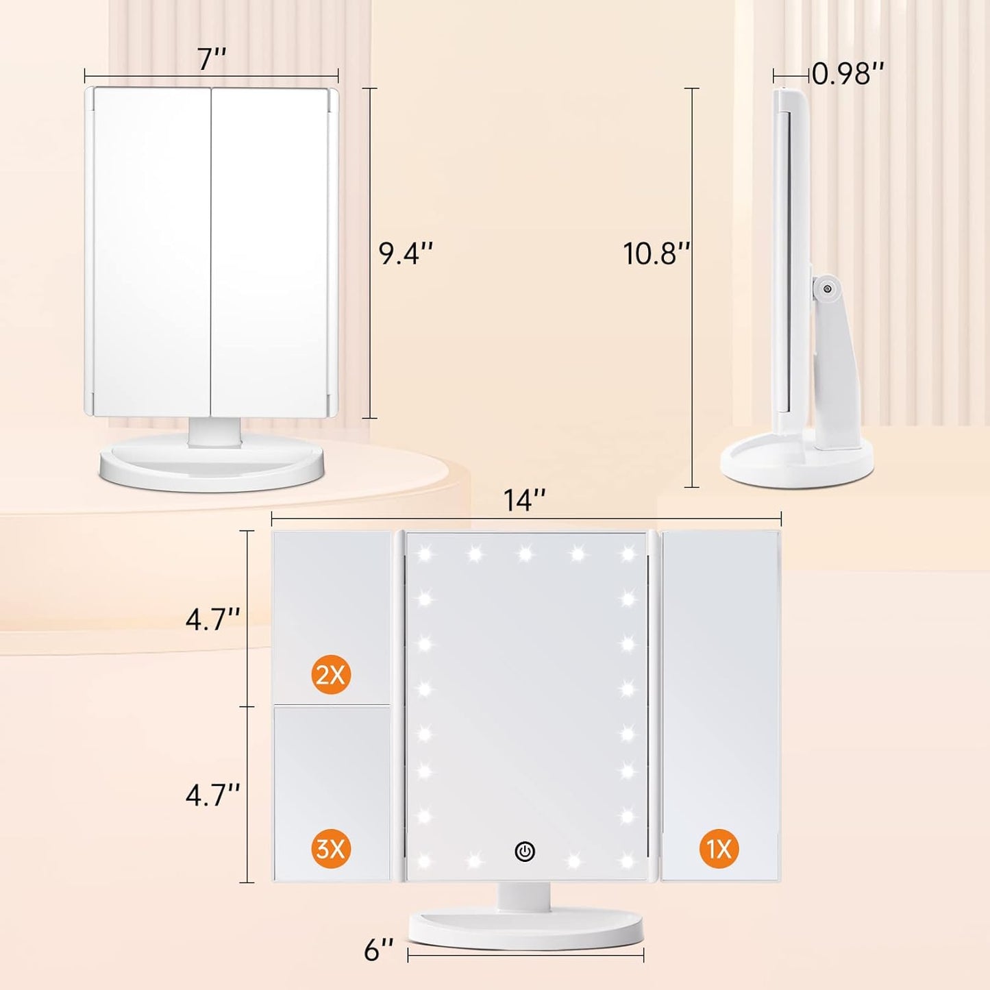 Trifold Vanity Mirror with Lights - Lighted Makeup Mirror 2X/3X Magnification | 21 LED Touch Dimming, 180° Rotation