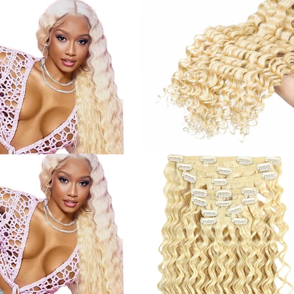 #613 Blonde Clip in Hair Extensions Real Human Hair, 28 Inch 120g/7Pcs,Full Shine Remy Hair,Blonde Deep Wave Clip ins Brazilian Virgin Human Hair Extensions