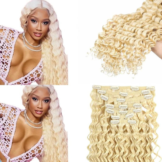 #613 Blonde Clip in Hair Extensions Real Human Hair, 28 Inch 120g/7Pcs,Full Shine Remy Hair,Blonde Deep Wave Clip ins Brazilian Virgin Human Hair Extensions