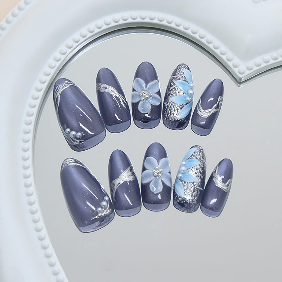 Almond Press-On Nails - 30Pcs Medium Flower Design with 3D Pearls | Dark Purple French Tips for DIY Manicure