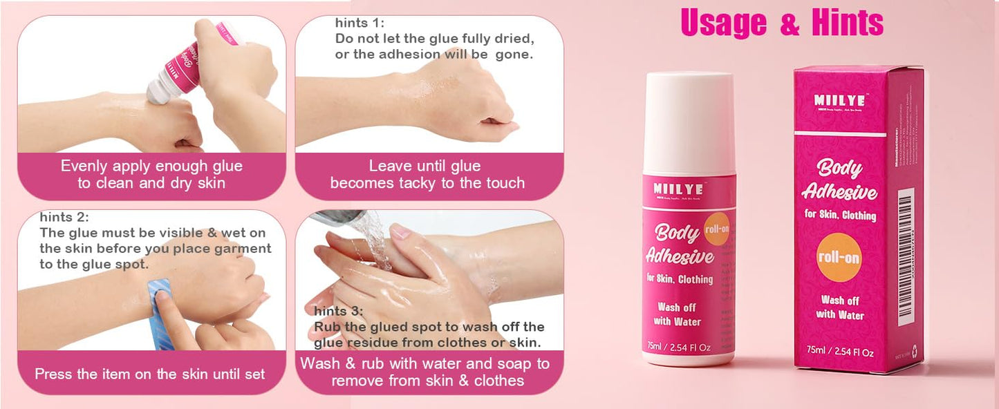 Body Adhesive Roll-On | Sweat Resistant & Water Wash Off | 2.54 Oz for Dancers, Socks, Leotards, Costumes