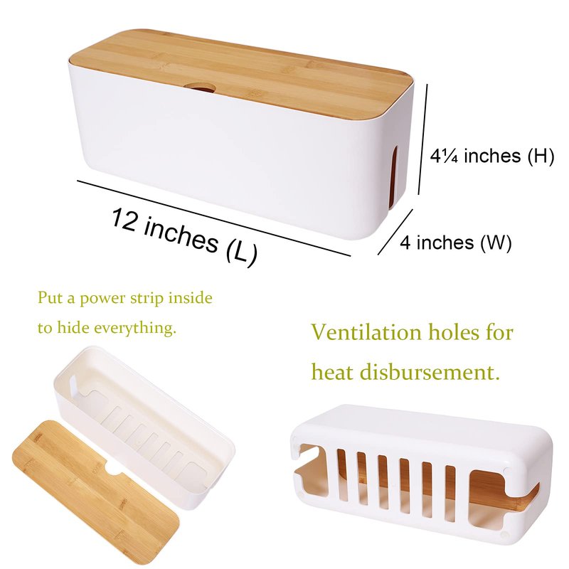 Changsuo Cable Management Box Small White, Extension Cord Organizer for Power Stripe Surge Protector Wire Management Concealer Cover Hider for Desktop Home Office Kitchen (White)