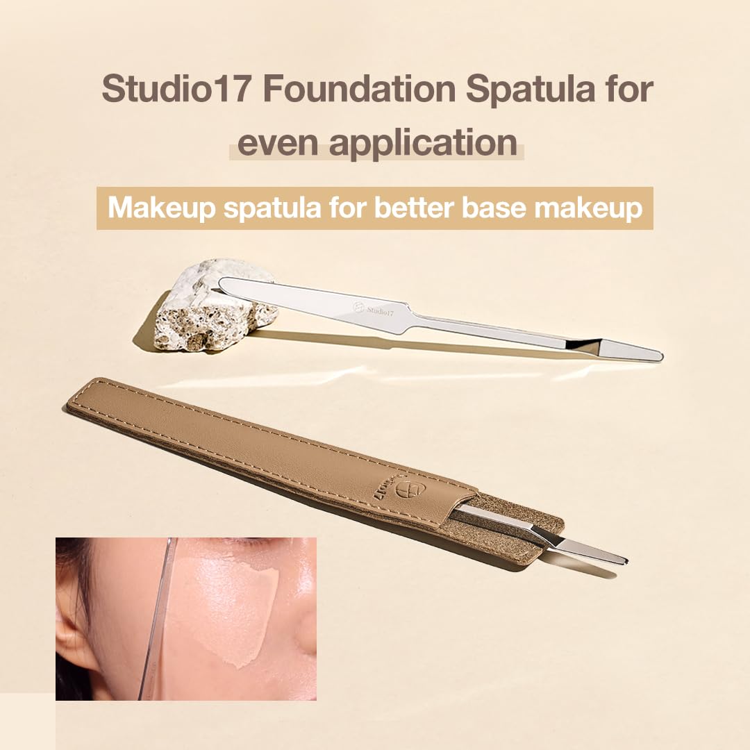 STUDIO17 Stainless Steel Foundation Spatula - Professional Double-Edged Makeup Tool for Flawless Application | Includes Storage Pouch