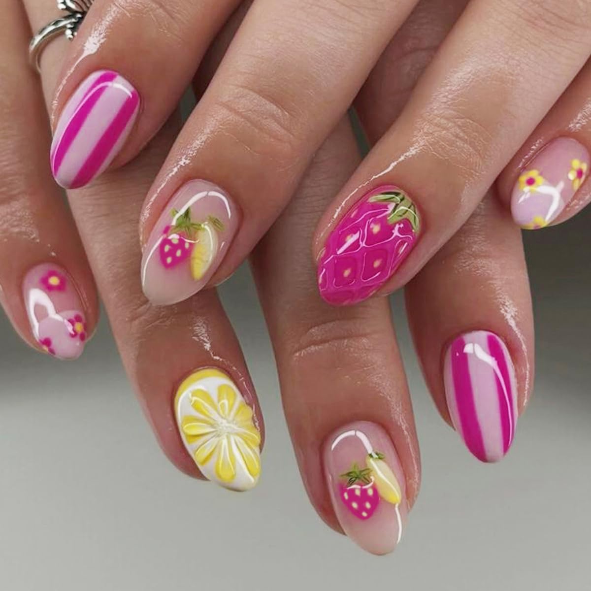 Press On Nails - Glossy Marble Medium Almond with 3D Flower & Gold Star Charms | 30 Pcs, Reusable for Ocean Beach Manicure