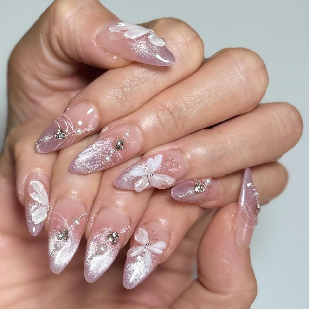 Press On Nails Almond - Medium Aurora Design Full Cover Fake Nails | 24 Pcs White Stick-On for Women