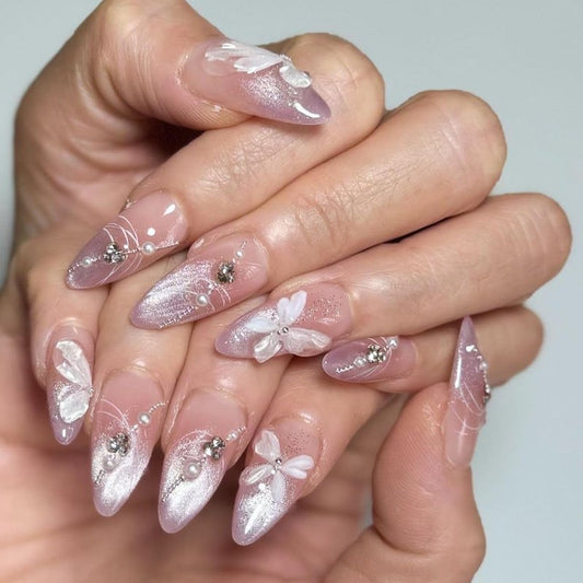Almond Press-On Nails - Ombre Purple Floral Butterfly Design | 24 Full Cover Rhinestone False Nails for Women