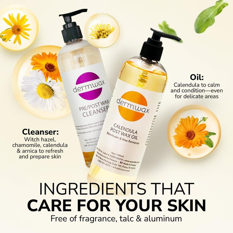 Dermwax Pre and Post Wax Care Kit – Complete Prep & Aftercare in One Set – Cleanser Removes Oils & Residue – Calendula Oil Calms & Nourishes Skin – Gentle, Paraben-Free Formulas