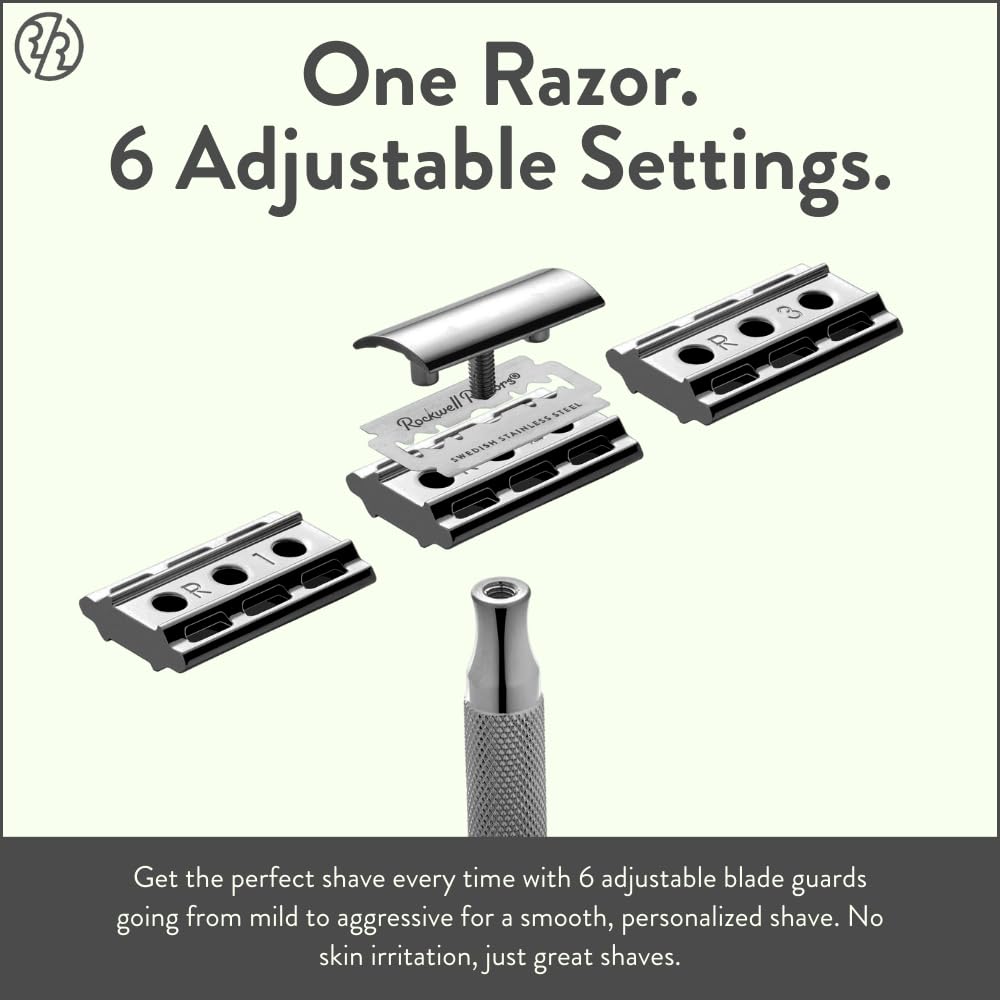 ROCKWELL RAZORS 6C Gunmetal Chrome Safety Razor With 6 Adjustable Shave Settings and 5 Fully Recyclable Razor Blades. Reusable Safety Razors for Men and Women.