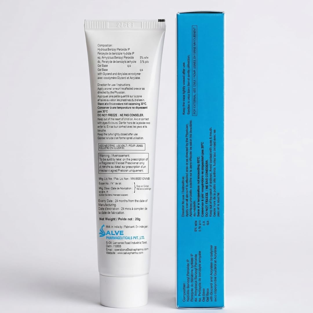 SALVE Benxop 5% Benzoyl Peroxide Gel (20 g / 0.70 oz) - Topical Skincare Gel for Oil-Prone and Congested Skin