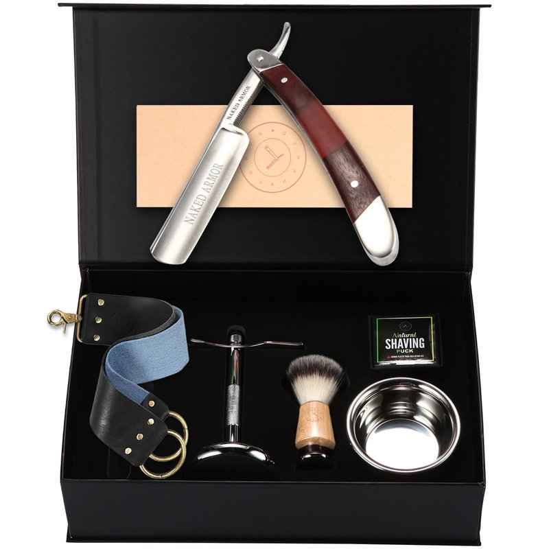 Naked Armor Gaheris Straight Razor Kit – Complete Shaving Kit with Shave Ready Straight Razors for Men, Strop, Stand, Soap, Brush, Bowl, Case, Wet Shaving Men Grooming Gift Set