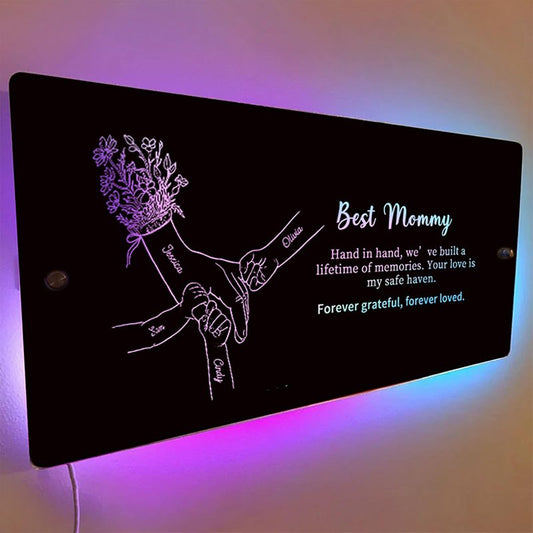ROSLILY Hand in Hand Personalized Mom and Kids' Hands Mirror Light, Mothers Day Light Up Mirror with Kid's Name, Wall Mounted Name Neon Signs for Mom Grandma Bedroom Living Room Decor