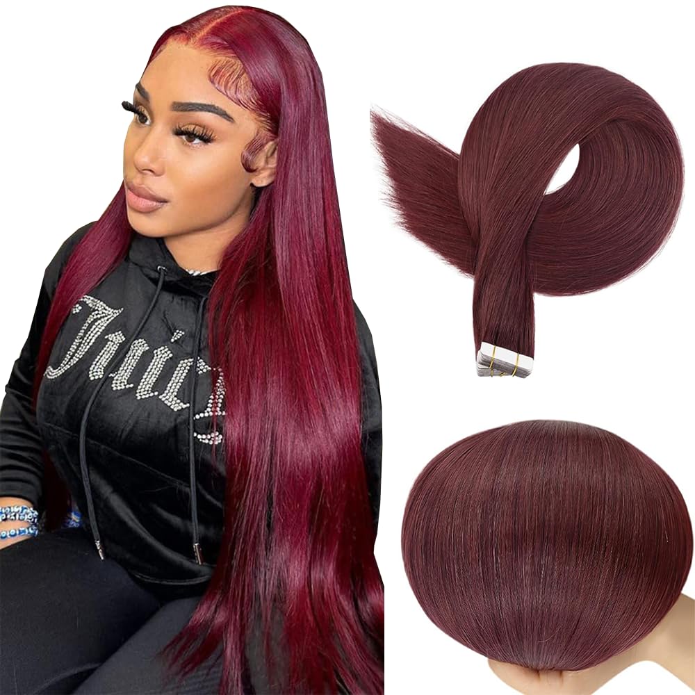 28 Inch #99J Burgundy Tape in Extensions Human Hair Wine Red Straight Tape in Seamless Extensions Real Human Hair Skin Weft Seamless Invisible Remy Hair 40g 10Pcs.