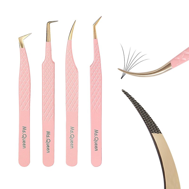 Ms.Queen Eyelash Extension Tweezers,4Pcs Fiber Tip Lash Tweezers for Volume Lashes Make Fans,45 90 Degree Boot Isolation Lash Tweezers Set